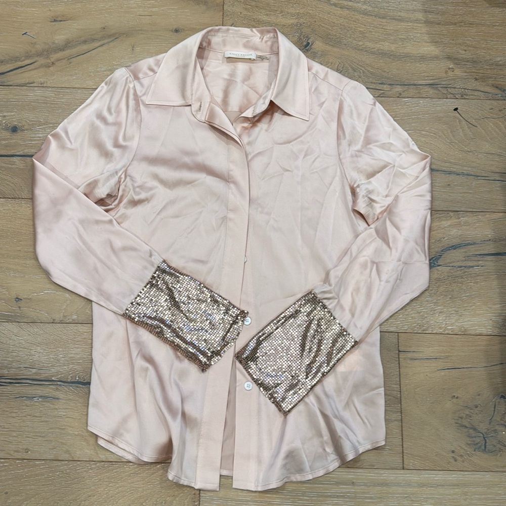 Excellent! Blush pink Ramy Brook silk blouse with chain mail cuffs. So pretty!